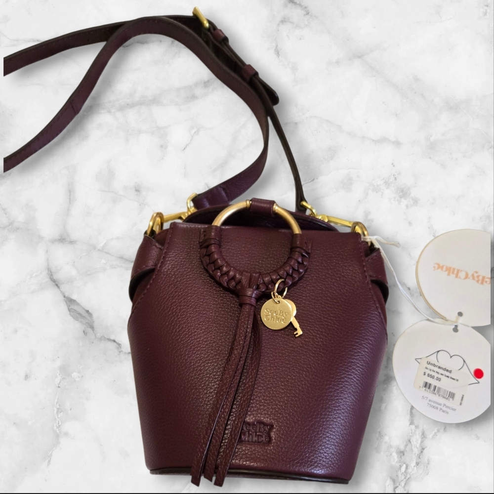 See By Chloe Leather Box Bag Crossbody Bucket Handbag Dusky Brown Burgandy - Picture 4 of 14